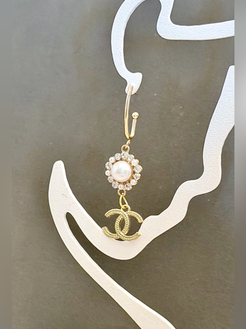 CC Gold Pearl & Crystal Drop Earring with Interlocking CC Charm
